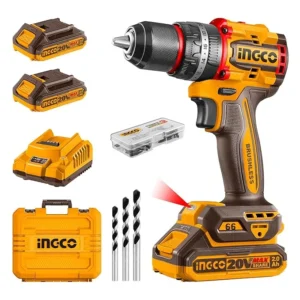 INGCO Impact Drill 66NM 20V Cordless Brushless Motor 22+1+1 30000 bpm Electric Drill With 2Pcs Battery And Charger 47-Pcs Drill Bits Packed by Carrying Case Price 5500/.