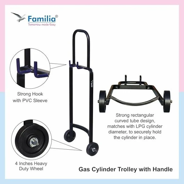 LPG Gas Cylinder Trolley Steel Heavy Duty LPG Gas Cylinder Trolley with Wheels & Hooks – Easy Grip for Effortless Pickup Carry and Transfer Robust and Durable Construction Black Price 1030/. - Image 2